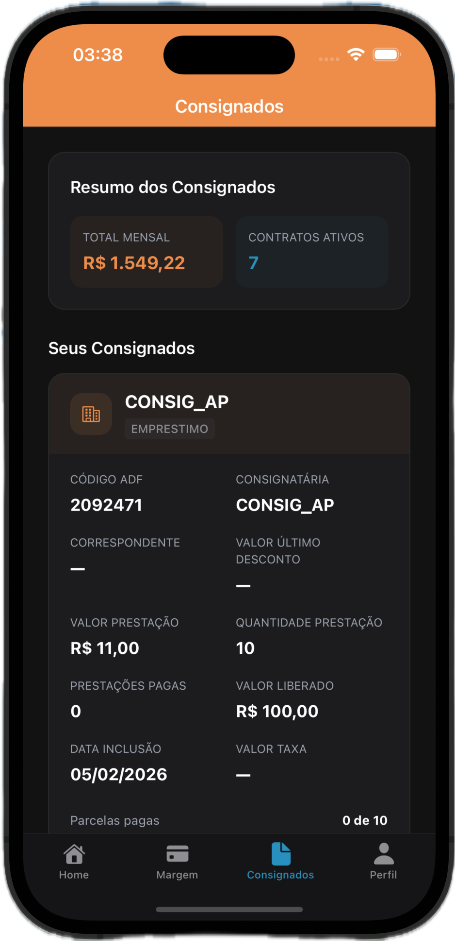 Tela de consignados do app FenixSoft